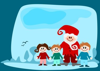 Kinder mit Nikolaus im Schnee