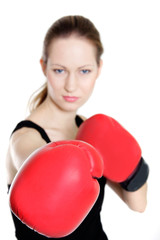 young female boxer over white