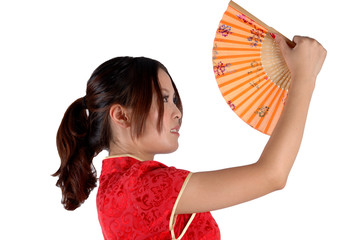 Chinese girl in traditonal dress with fan