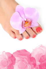 Fototapeta na wymiar Piękny feet nogi z pedicure doskonała spa na jasnych różowy paznokci