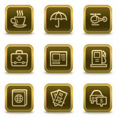 Travel web icons set 4, square brown buttons