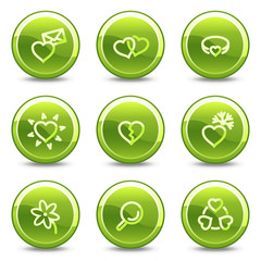 Love icons, green circle glossy buttons