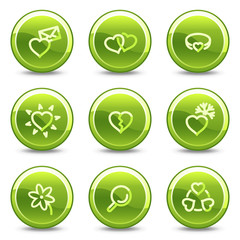 Love icons, green circle glossy buttons