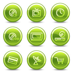 Media icons, green circle glossy buttons