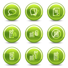 Mobile phone icons set 2, green circle glossy buttons