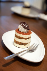 tiramisu cake on wood table background