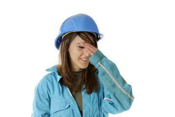 young female apprentice having a headache