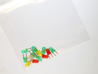 Group of Multi-colored LEDs in a plastic bag.