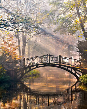 Old bridge in autumn misty park