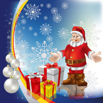 christmas greeting Santa Claus with gifts and balls