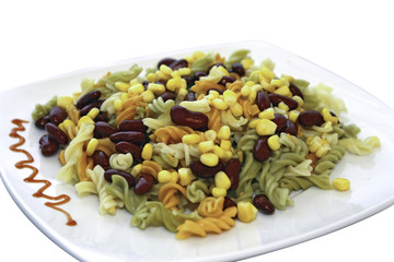 Colorful pasta with beans and sweet corn