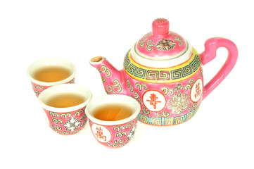 Chinese Tea Set With Cups Filled Up With Tea