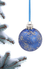 Christmas evergreen tree, glass ball and snow