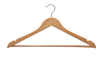 Wooden coat hanger isolated on a white background.