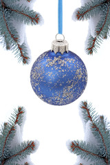 Christmas evergreen tree, glass ball and snow