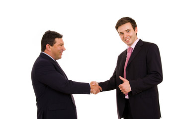 Business team hand shake. Isolated on white