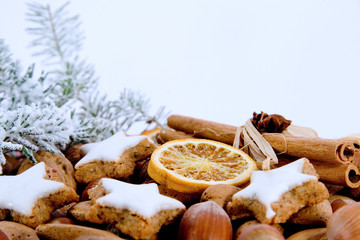 star-shaped cinnamon biscuit with decoration and copyspace