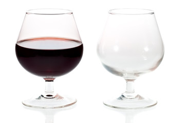 An empty and a full glass of red wine