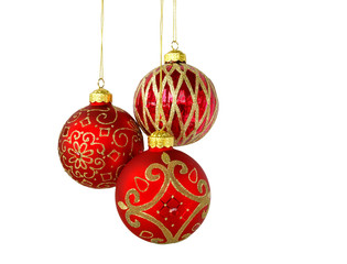 Christmas tree ornaments hanging, isolated on white background