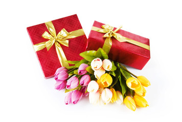 Celebration concept - gift box and tulip flowers