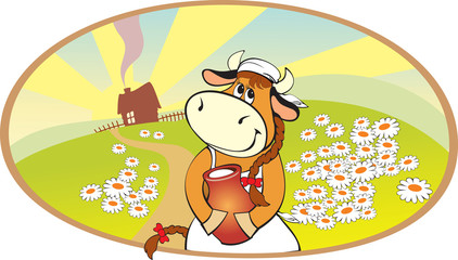 Cartoon cow with jug on the country landscape