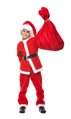 Boy holding a sack isolated on white background
