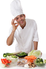 Young nepalese man chef, fresh vegetables