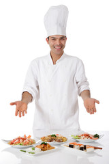 Young nepalese man chef, oriental meal