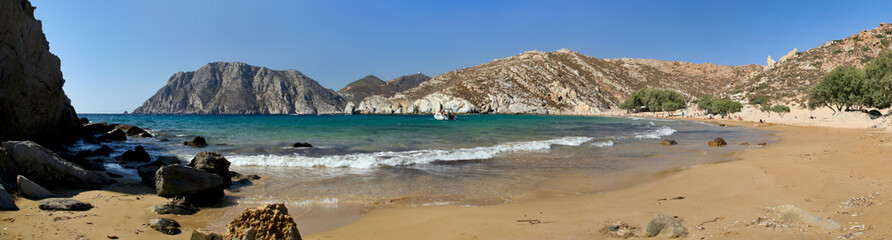 Psili Ammos sandy beach panoramic view, Patmos island, Greece