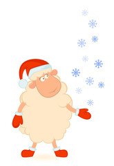 Cartoon funny sheep in the suit of Santa Claus