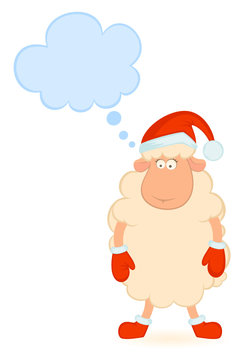 Cartoon funny sheep in the suit of Santa Claus