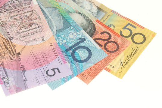 Australian banknotes on plain white background