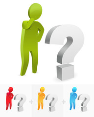 3D stick figure thinking and standing next to question mark