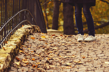Woman legs on cobble-stone bridge in autumn