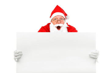 amazed santa claus with big blank card