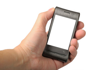 Hand with mobile phone isolated on white background