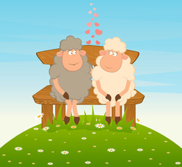 Cartoon funny sheep sits on a bench. Vector.