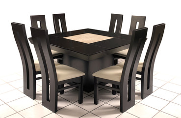 Mesa comedor de madera y marmól.