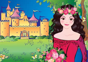 Foto op Plexiglas Kasteel Mooie prinses op landschapsachtergrond. Sprookje.