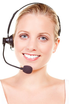 blond businesswoman with headset
