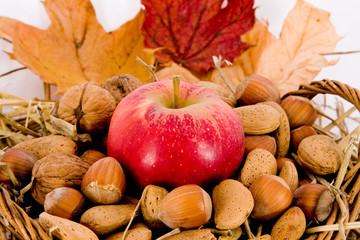 bunch of nuts and a red apple in a basket