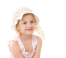 Portrait of little girl in hat on white background