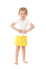 shy little girl standing on white background