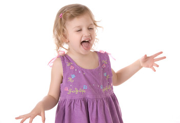 fretful little girl screaming and  standing on white background
