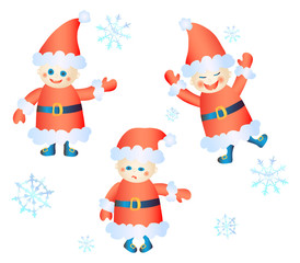 Vector illustration of three Santa Clauses and snowflakes