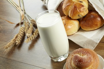 Glass of milk and pie