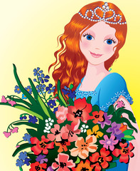 Belle fille avec des fleurs. Art-illustration vectorielle.