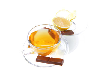 dark chocolate and tea on white