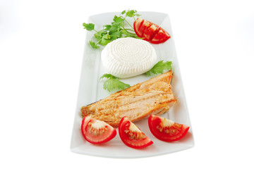 soft cheese and grilled salmon steak