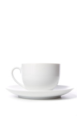Coffee cup and grain on white background